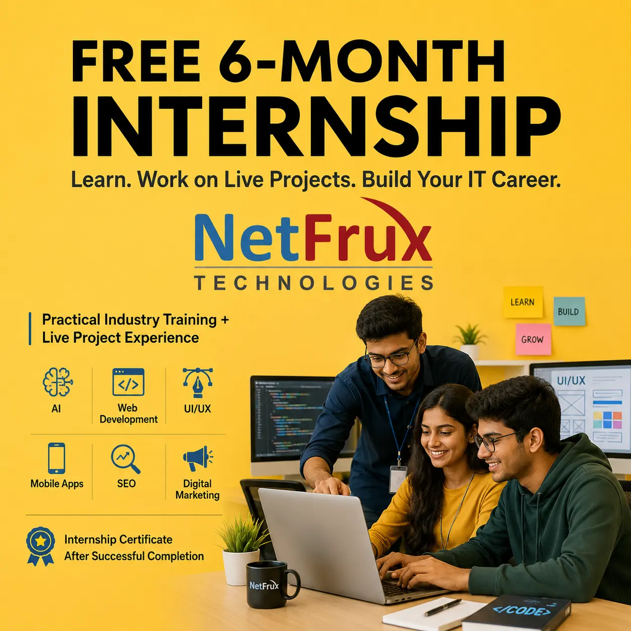 Students working with the NetFrux Technologies team during the 6-month IT internship in Mohali